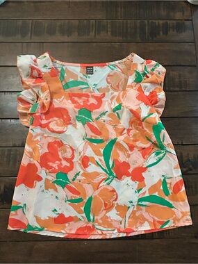 Coral & Green Floral Ruffle Sleeve Blouse